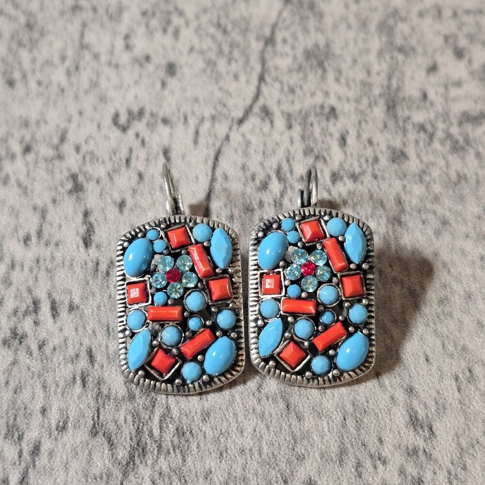 Vintage Faux Turquoise And Coral Enameled Clip On Earrings Southwestern Boho